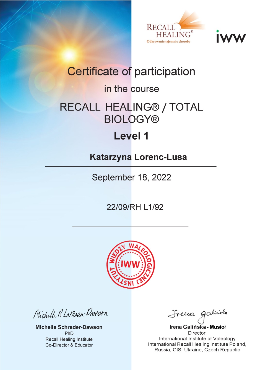 Certyfikat Recall Healing/Total Biology Level 1