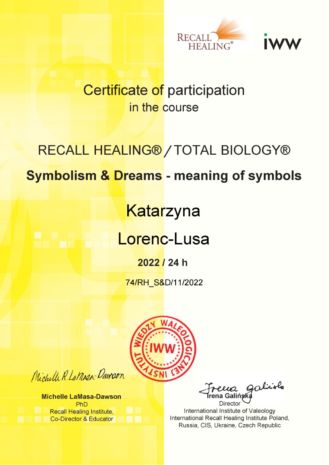 Certyfikat Recall Healing/Total Biology Sny i Symbole