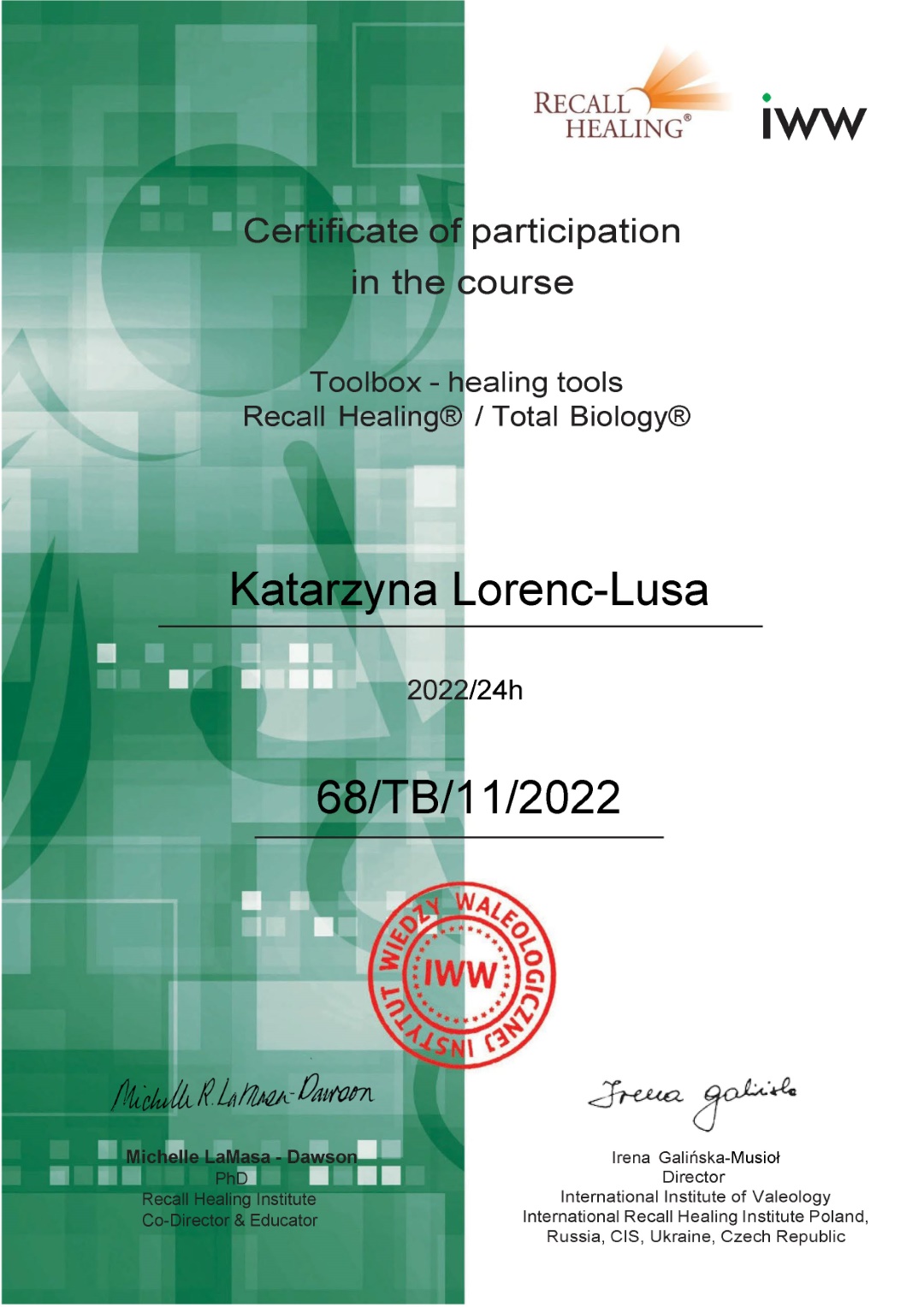 Certyfikat Recall Healing/Total Biology Biologia Dziecka