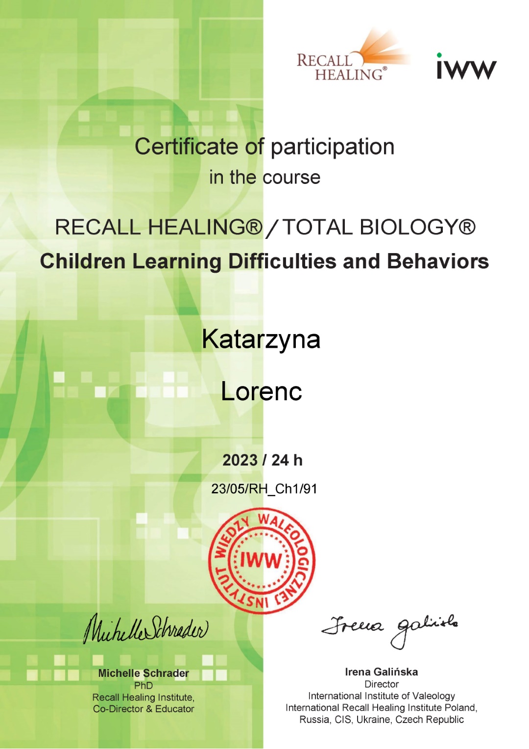 Certyfikat Recall Healing/Total Biology Toolbox