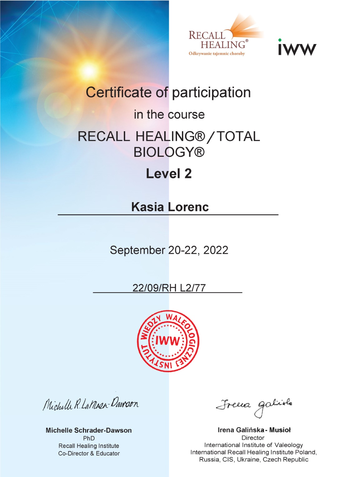 Certyfikat Recall Healing/Total Biology Level 2