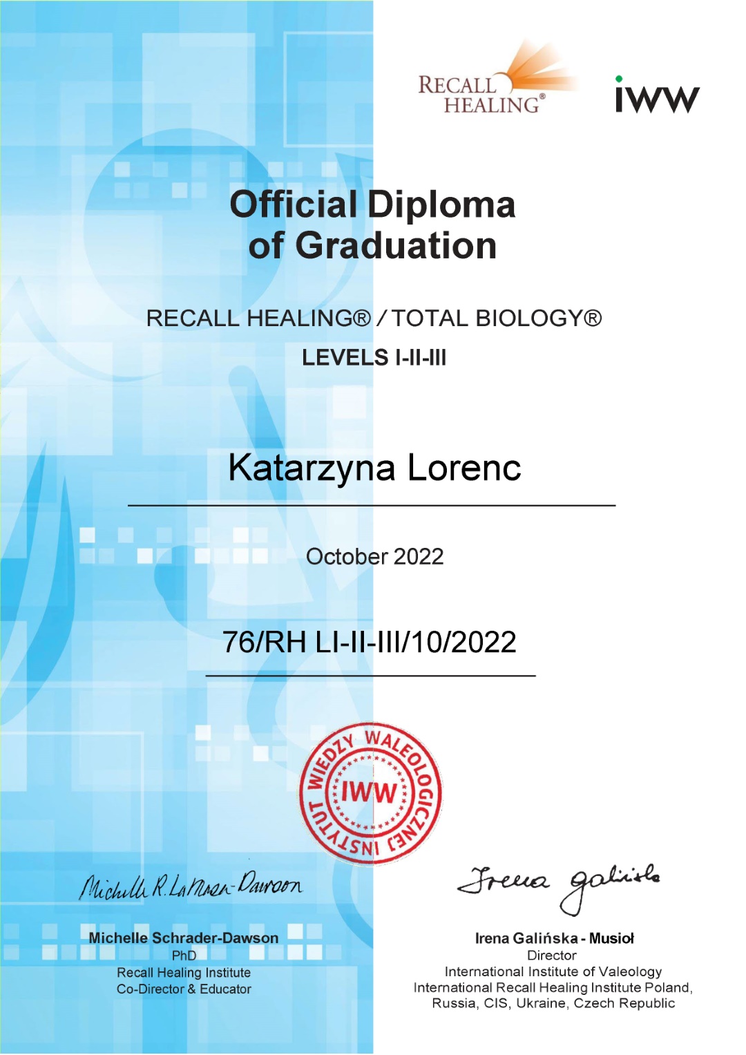 Certyfikat Recall Healing/Total Biology Levels 1-2-3