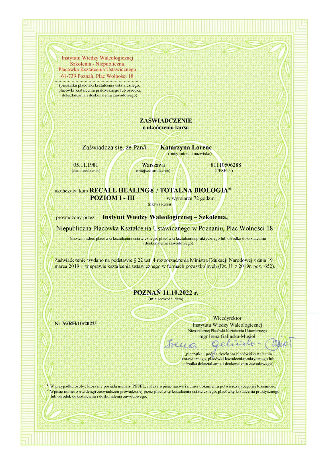 Certyfikat MEN Recall Healing/Total Biology 1-3