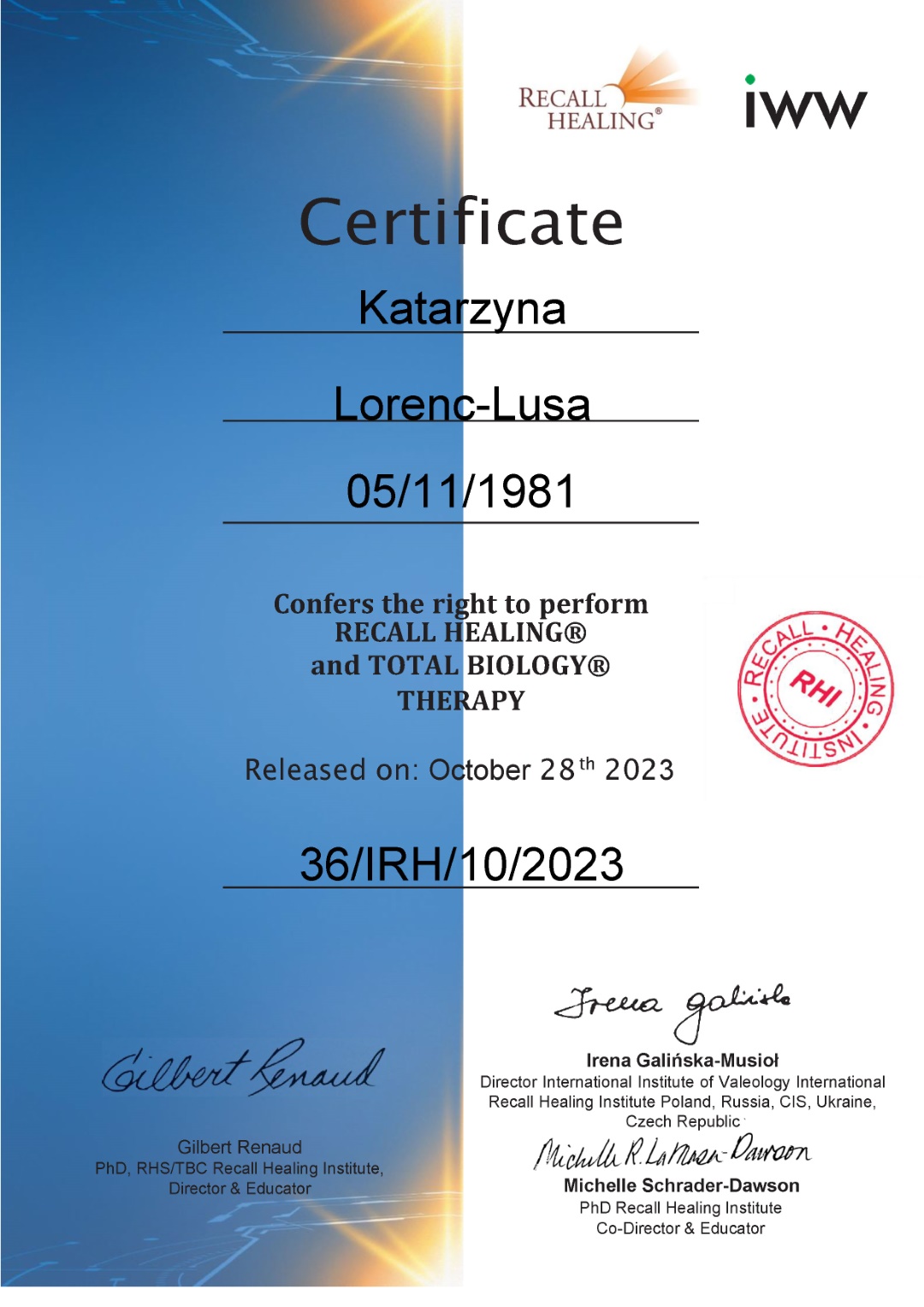 Certyfikat Recall Healing/Total Biology