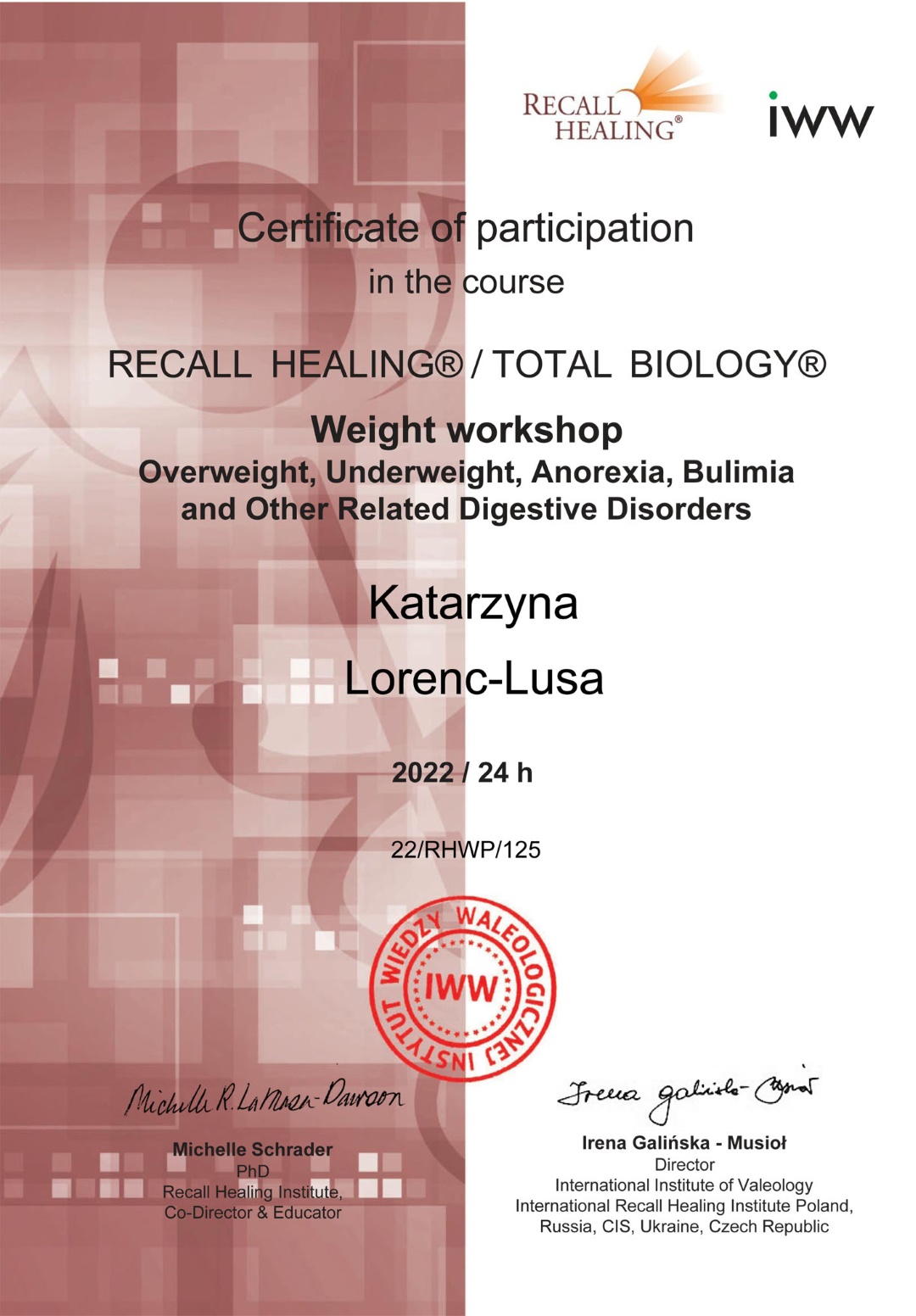 Certyfikat Recall Healing/Total Biology Weight Workshop