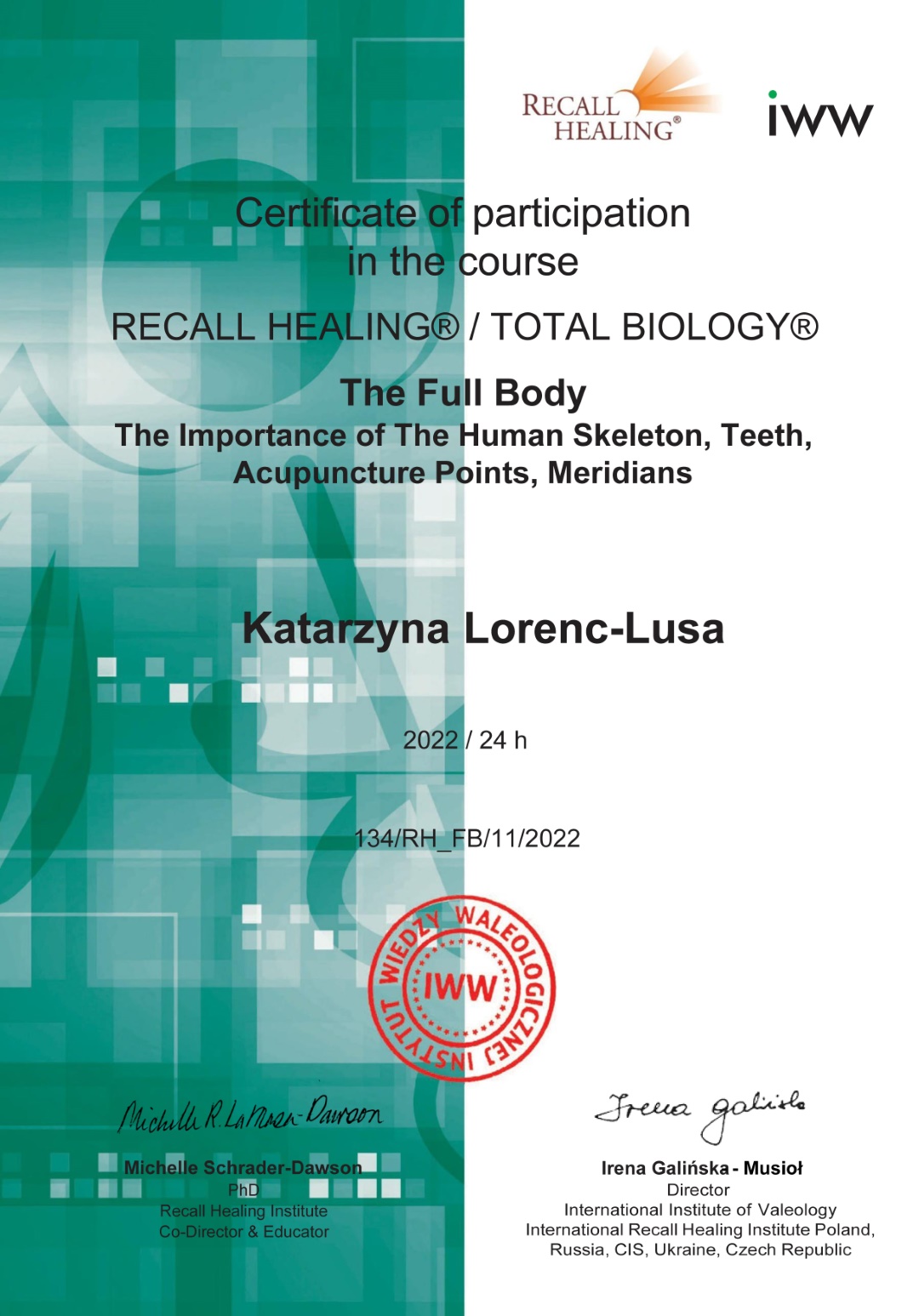 Certyfikat Recall Healing/Total Biology Full Body